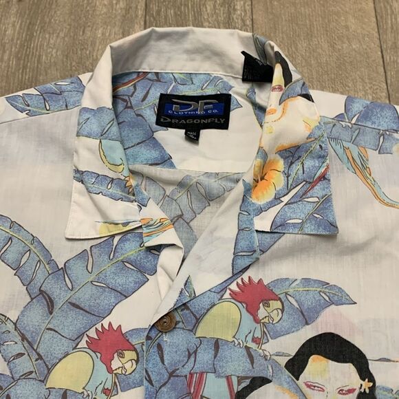 Vintage Dragonfly Hawaiian Parrot Geisha Beach Tropical Button Down Shirt - Picture 6 of 6